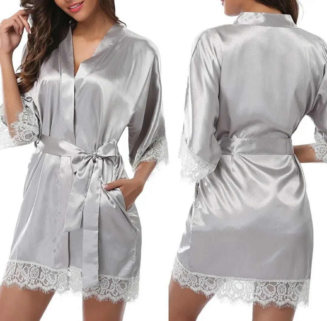 Womens V-Neck Ice Silk Sexy Lace Bathrobe Pajamas Large Size Female Soft and Comfortable Solid Color Sleepwear Bathrobe Pajamas