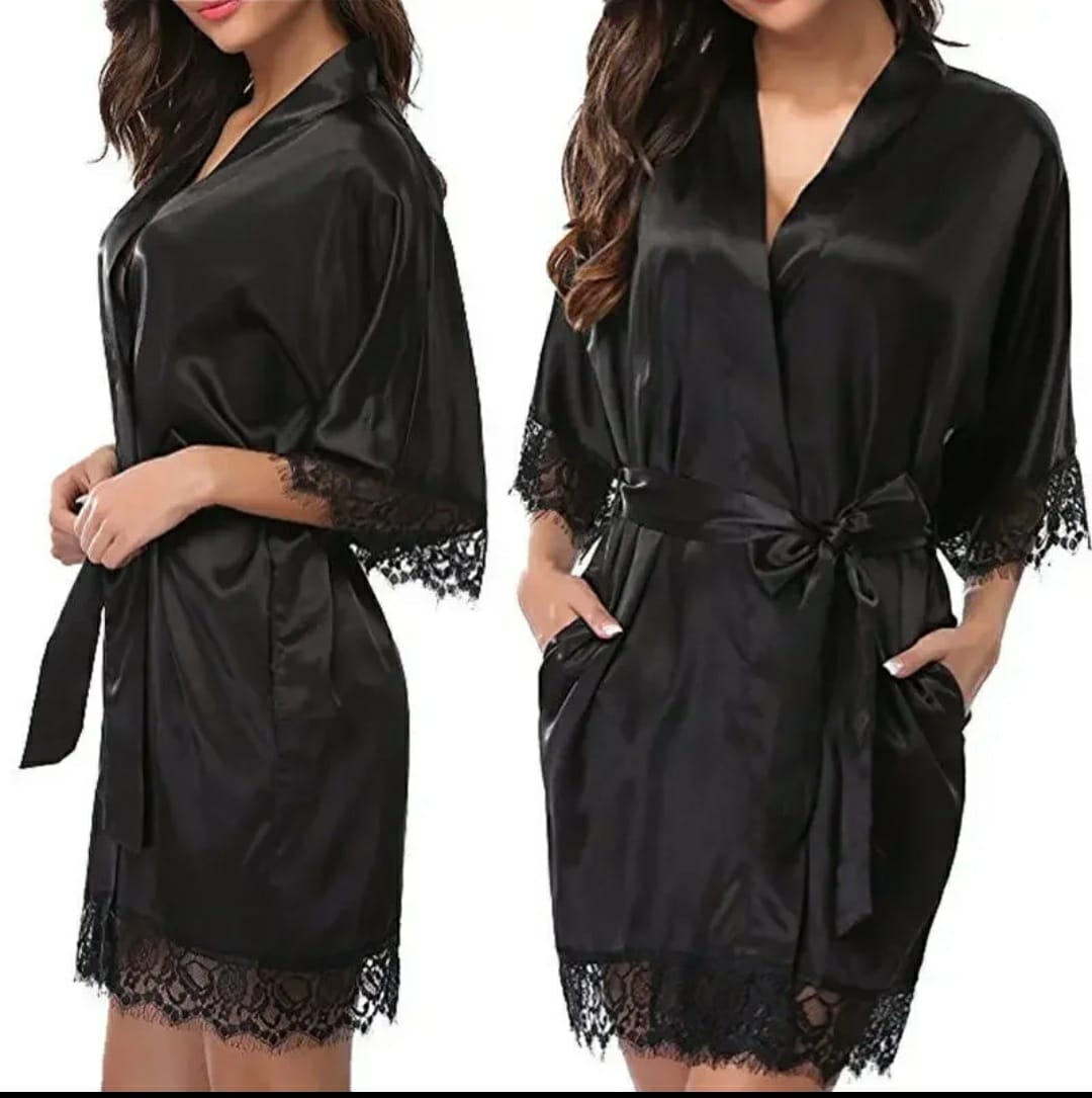 Womens V-Neck Ice Silk Sexy Lace Bathrobe Pajamas Large Size Female Soft and Comfortable Solid Color Sleepwear Bathrobe Pajamas