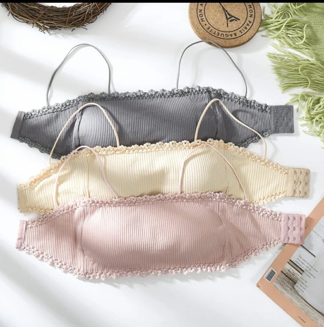 Pack Of 3 Women Pure Cotton Beautiful Back One Word Lace Wireless Bra