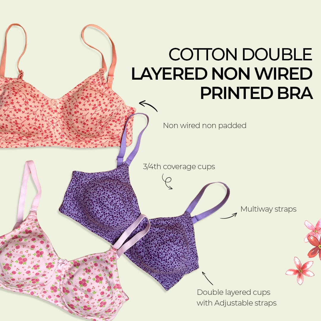 PACK OF 2 STRETCHABLE COTTON DOUBLE LAYERED NON WIRED PRINTED BRA